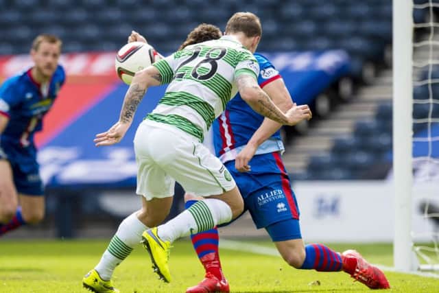 Josh Meekings' infamous handball in the Scottish Cup semi-final against Celtic. Picture: SNS