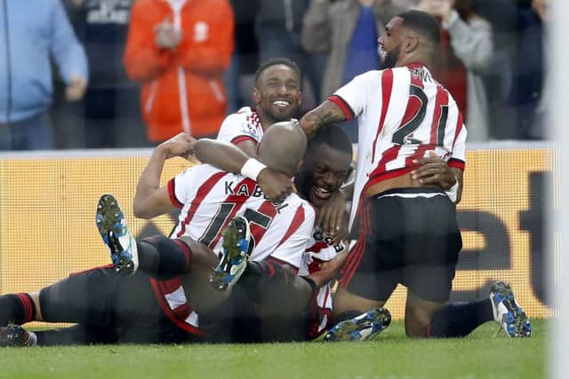 Sunderlands Lamine Kone celebrates scoring his sides second goal of the game, and went on to score again against abject Everton. Picture: PA