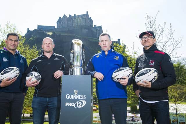 From left, coaches Pat Lam, Gregor Townsend, Guy Easterby (Leinster) and Les Kiss (Ulster) in Edinburgh, venue of the Pro12 final. Picture: SNS