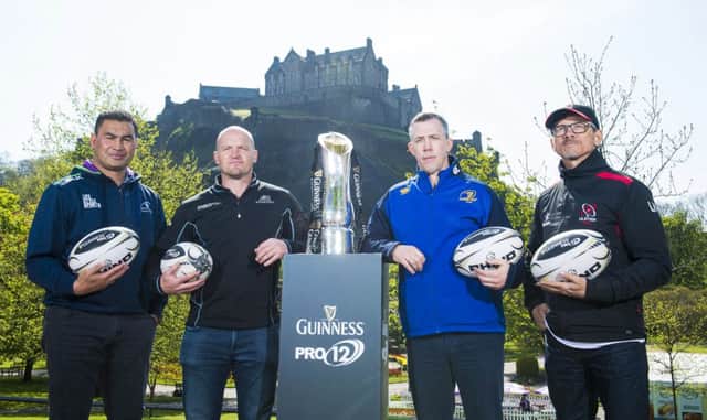 From left, coaches Pat Lam, Gregor Townsend, Guy Easterby (Leinster) and Les Kiss (Ulster) in Edinburgh, venue of the Pro12 final. Picture: SNS