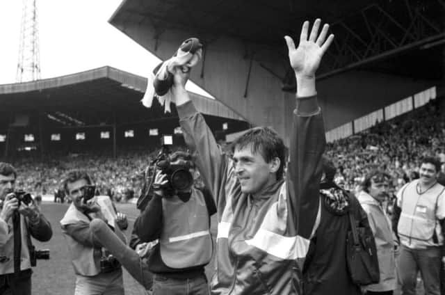 Kenny Dalglish salutes the crowd after a Celtic v Liverpool charity match at Parkhead in aid of the Hillsborough Disaster Fund in April 1989.