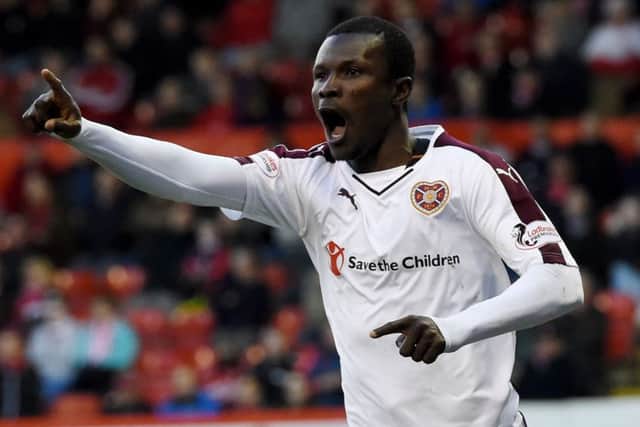 Hearts' Abiola Dauda celebrates after scoring the game's only goal. Picture: SNS