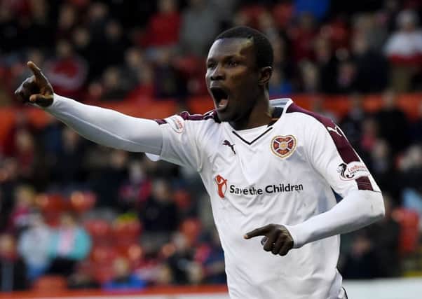 Hearts' Abiola Dauda celebrates after scoring the game's only goal. Picture: SNS