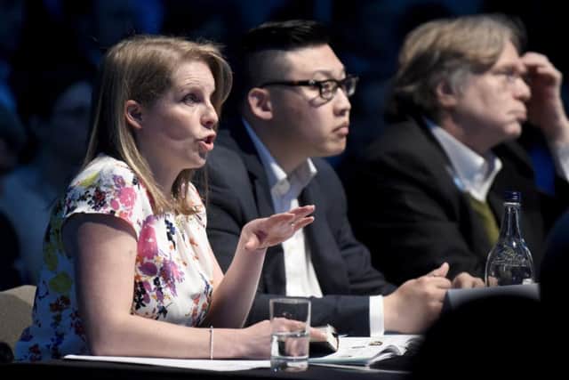The pitch selection panel at EIE 16: (left to right) Kerry Sharp, head of Scottish Investment Bank ; John Zai, Cocoon Networks founder and CEO and David Rose, CEO of Gust. Picture: Jane Barlow