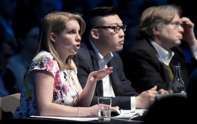 The pitch selection panel at EIE 16: (left to right) Kerry Sharp, head of Scottish Investment Bank ; John Zai, Cocoon Networks founder and CEO and David Rose, CEO of Gust. Picture: Jane Barlow