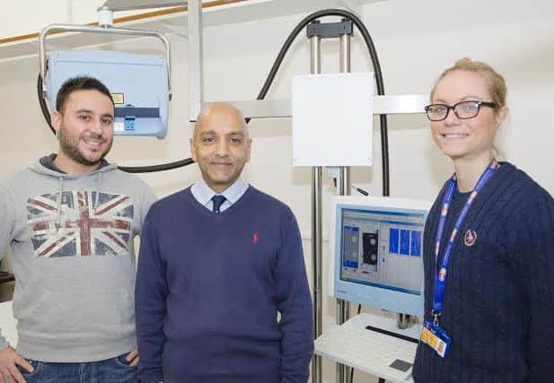 Dr Faisel Khan (centre) is leading research on cardiovascular disease at Dundee University and is pictured here with his team of PhD student Salvatore Smirni and research technician Emma Storey Gordon. PIC Dundee University