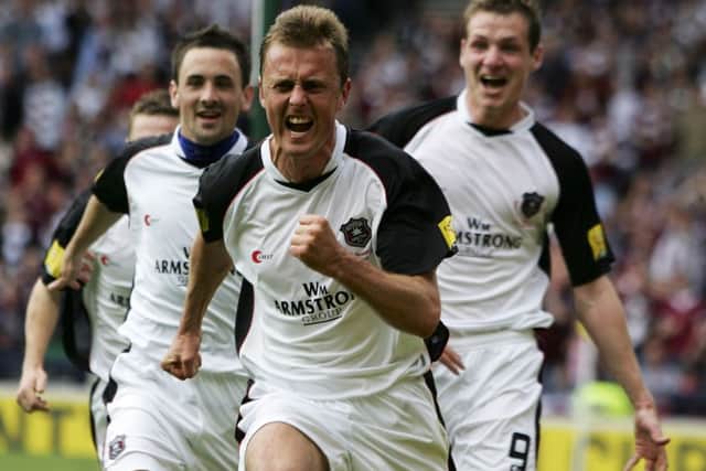 Ryan McGuffie celebrates his goal for Gretna during the Scottish Cup final. Picture: Getty