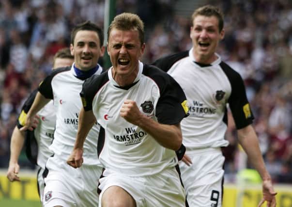 Ryan McGuffie celebrates his goal for Gretna during the Scottish Cup final. Picture: Getty