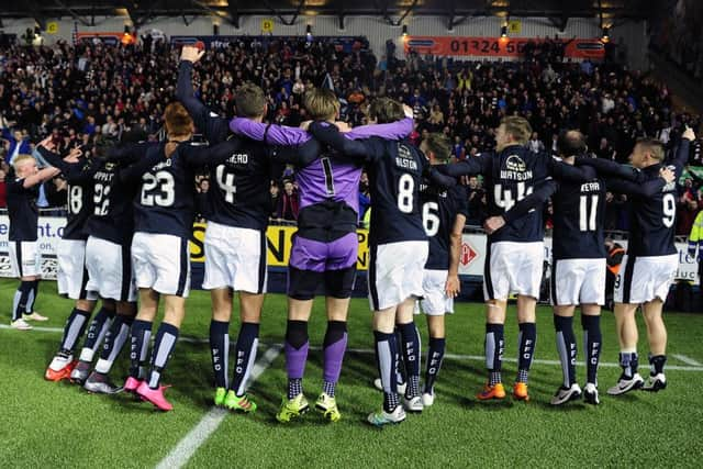 Joy for Falkirk, and heartbreak for Hibernian. Picture: Michael Gillen