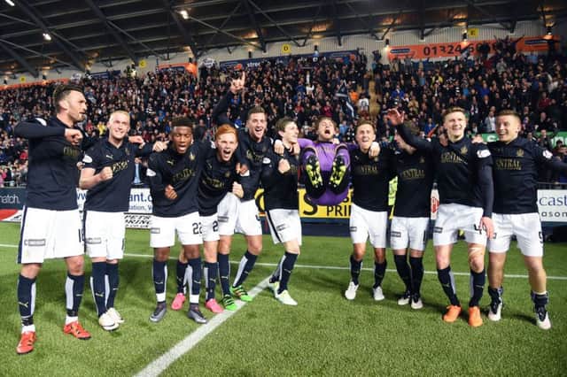 Striker Lee Miller, far left, and his jubilant Falkirk team-mates celebrate Fridays victory over Hibs