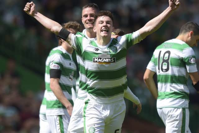 Celtic's Kieran Tierney celebrates his goal. Picture: SNS