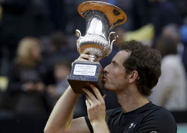 Andy Murray kisses the trophy after beating Novak Djokovic 6-3, 6-3 in the final match of the Italian Open. Picture: AP