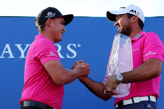 Jasin Day, right, is congratulated on his victory at TPC Sawgrass by last year's winner, Rickie Fowler. Picture: Getty Images