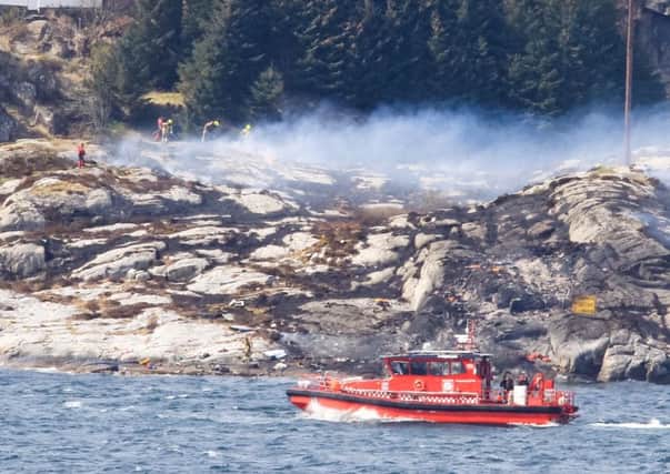 The scene of the helicopter crash that killed 13 oil workers west of Bergen, Norway. Picture: AFP/Getty Images