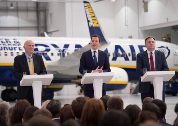 Vince Cable, George Osborne and Ed Balls speak in favour of the Remain vote at Stansted Airport with a Ryanair Boeing 737 emblazoned with a pro-Europe logo. Picture: PA