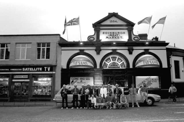 Staff dressed as gangsters beside a stretch limousine to advertise the opening of Fat Sam's Chicago-style diner and bar  in September 1986.