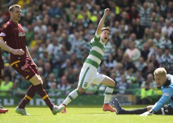 Celtic youngster Jack Aitchison celebrates scoring his sides seventh goal in their final Premiership game of the season against Motherwell on Sunday. Picture: SNS