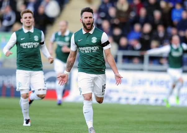 Keatings celebrates after giving Hibs the lead against Falkirk. Picture: Michael Gillen