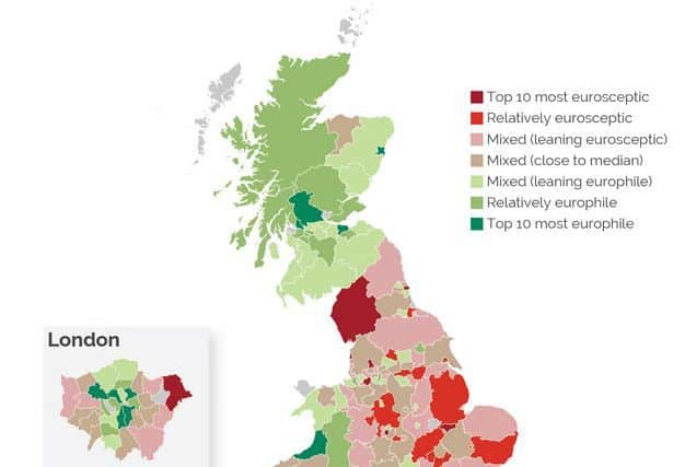 Map of UK shows the most Euroceptic areas in the country. Picture: YouGov
