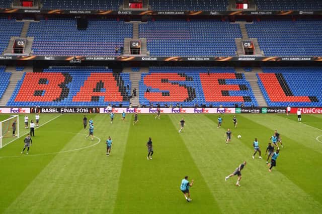 The Liverpool squad train at St Jakob Park in Basel ahead of tonights Europa League final where they face a Sevilla side chasing a third successive win in the competition. Picture: Getty