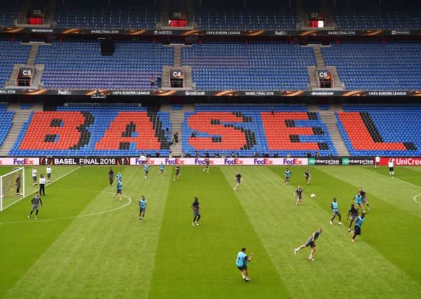 The Liverpool squad train at St Jakob Park in Basel ahead of tonights Europa League final where they face a Sevilla side chasing a third successive win in the competition. Picture: Getty