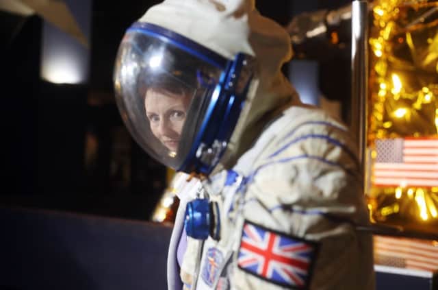 Britain's first astronaut Helen Sharman at the Science Museum in London with the space suit she wore 25 years ago on her journey into space. Picture: PA