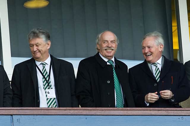 Celtic major shareholder Dermot Desmond, centre, with chairman Ian Bankier, right, and chief executive Peter Lawwell. Picture: John Devlin