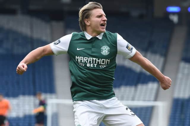 Hibernian's Jason Cummings celebrates after netting the winning penalty in the sem-final against Dundee United. Picture: Craig Williamson/SNS