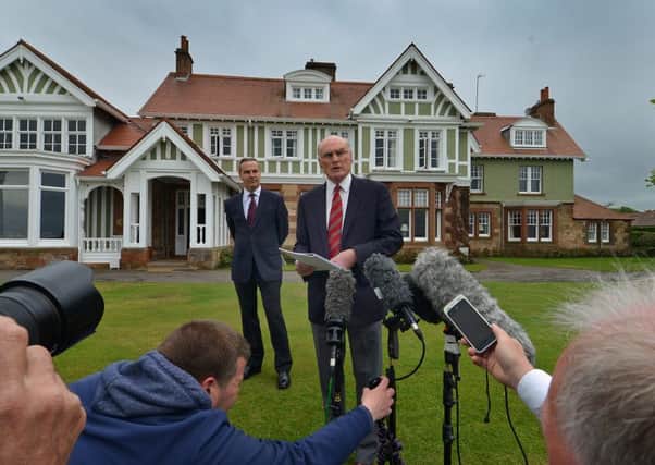 Captain of the Club, Henry Fairweather makes the announcement to refuse women entry to the club in front of the Muirfield Clubhouse. Picture: Jon Savage