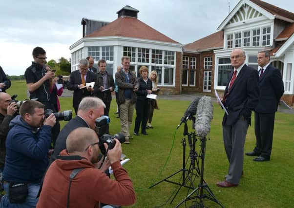 Club captain Henry Fairweather announces the outcome of the vote on women members at Muirfield. Picture: Jon Savage