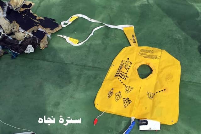 Search crews found floating human remains, luggage and seats from the doomed EgyptAir jetliner Friday but face a potentially more complex task in locating bigger pieces of wreckage. Picture: Egyptian Armed Forces