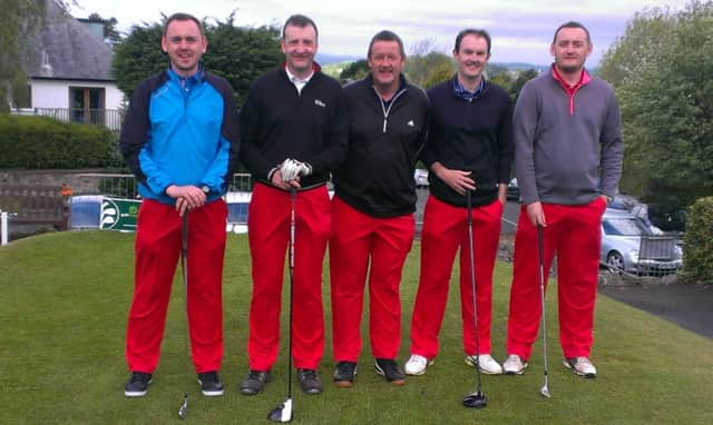 Bank of Scotland wore red trousers at the Braids as a tribute to Ian Taylor, who died recently. Taylor won nine medals in the event for the Bank of Scotland.