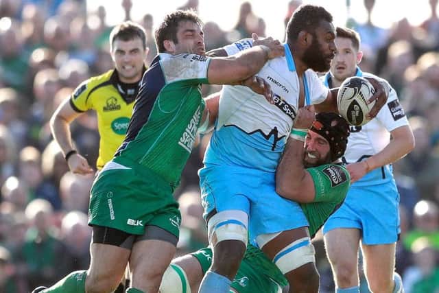 Connachts Ronan Loughney and John Muldoon tackle Glasgows Leone Nakarawa in a game the Irish side controlled. Picture: Â©INPHO/James Crombie