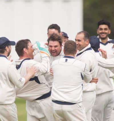 Falklands Ben Strachan dismisses Andy Hislop for a hat-trick, but the match was later rained off. Picture: Toby Williams
