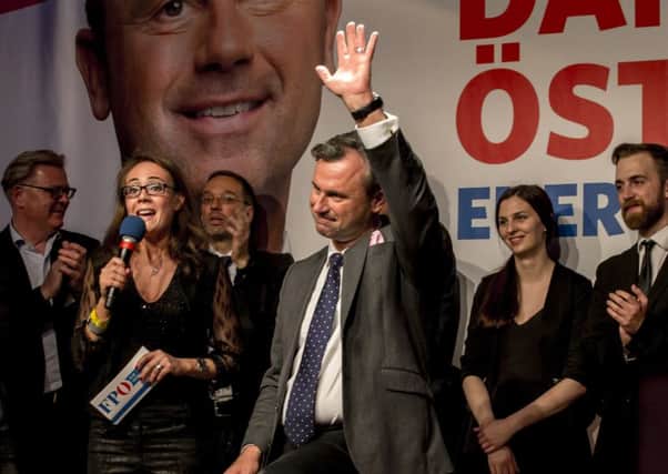 Norbert Hofer greets supporters at the FPOe election party. Picture: Getty