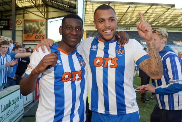 Josh Magennis celebrates with Tope Obadeyi, left, after Kilmarnock's 4-0 victory over Falkirk on Sunday. Picture: Alan Harvey/SNS
