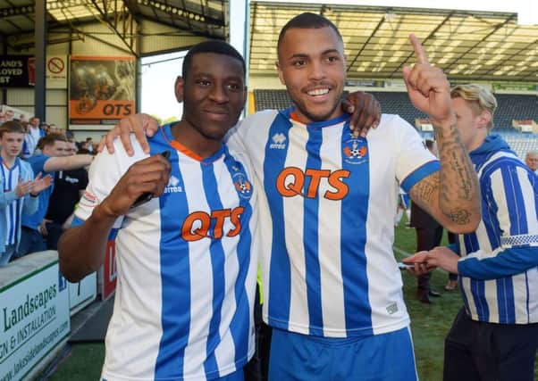 Josh Magennis celebrates with Tope Obadeyi, left, after Kilmarnock's 4-0 victory over Falkirk on Sunday. Picture: Alan Harvey/SNS