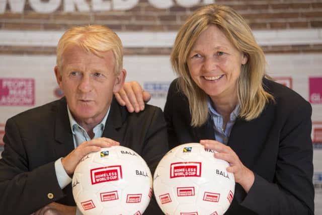 Gordon Strachan and Scotland Women manager Anna Signeul attend the Homeless World Cup draw. Picture: Jeff Holmes