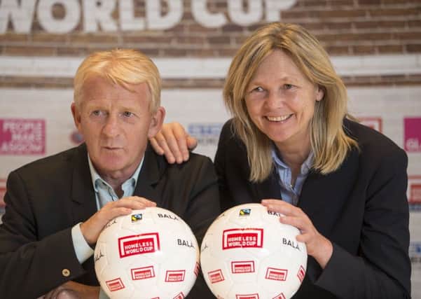 Gordon Strachan and Scotland Women manager Anna Signeul attend the Homeless World Cup draw. Picture: Jeff Holmes