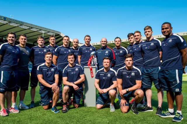 The Scotland Sevens squad pose with the London trophy at BT Murrayfield yesterday. Picture: SNS.