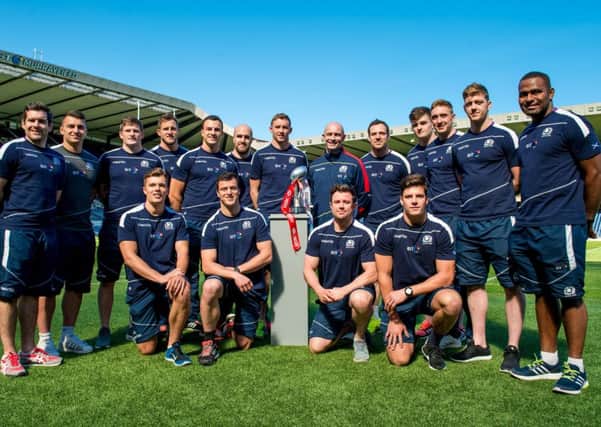 The Scotland Sevens squad pose with the London trophy at BT Murrayfield yesterday. Picture: SNS.