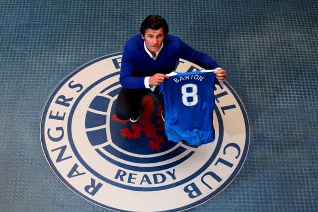 Joey Barton is unveiled as a Rangers player at Murray Park. Picture: Andrew Milligan/PA Wire