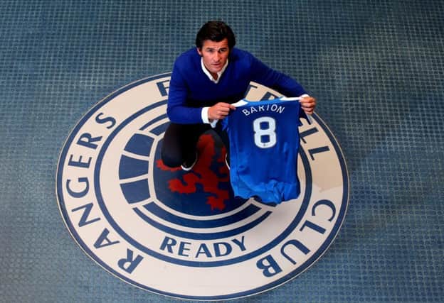 Joey Barton is unveiled as a Rangers player at  Murray Park. Picture: Andrew Milligan/PA Wire