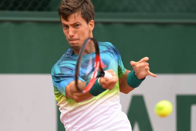 Aljaz Bedene of Great Britain plays a forehand during his first-round match against Gerald Melzer of Austria at the French Open at Roland Garros. Picture: Dennis Grombkowski/Getty