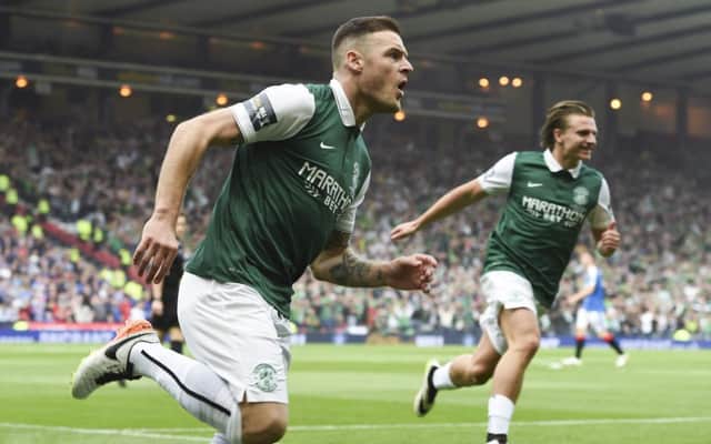 Anthony Stokes signed off his loan spell at Hibs by grabbing two goals in the Scottish Cup final win over Rangers. Picture: SNS Group
