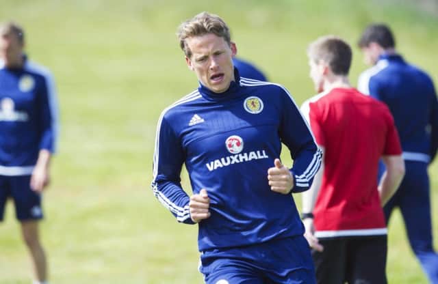 Christophe Berra hard at work during Scotland training. Picture: SNS