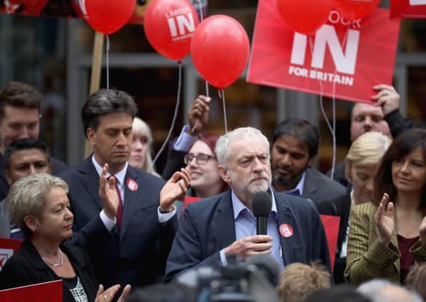 Labour leader Jeremy Corbyn and former leader Ed Miliband address supporters and members of the public in Doncaster on the campaign trail to persuade voters to back staying in the European Union. Picture: Getty