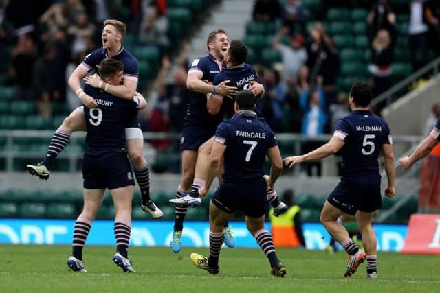 Scotland players celebrate at the final whistle after victory over South Africa in the Cup final during day two of the HSBC Sevens World Series at Twickenham. Picture: PA