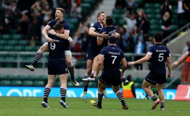 Scotland players celebrate at the final whistle after victory over South Africa in the Cup final during day two of the HSBC Sevens World Series at Twickenham. Picture: PA