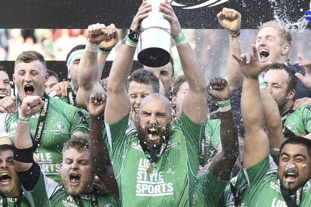 Connacht skipper John Muldoon lifts the Pro12 trophy as his team-mates celebrate their win. Picture: Jane Barlow/PA Wire